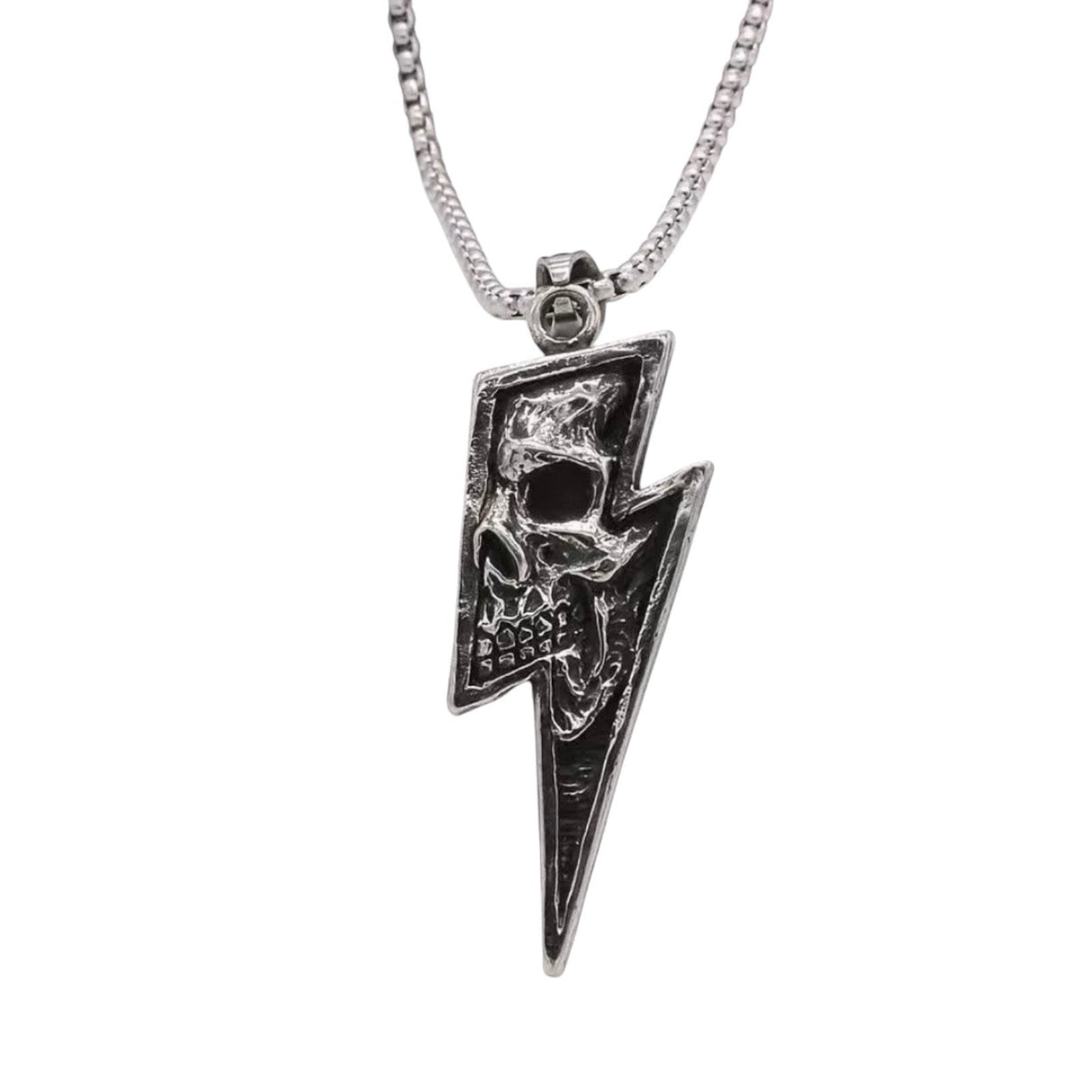 Skull Lightning Bolt Pendant Necklace Silver Tone Gothic Punk Biker Grunge Emo