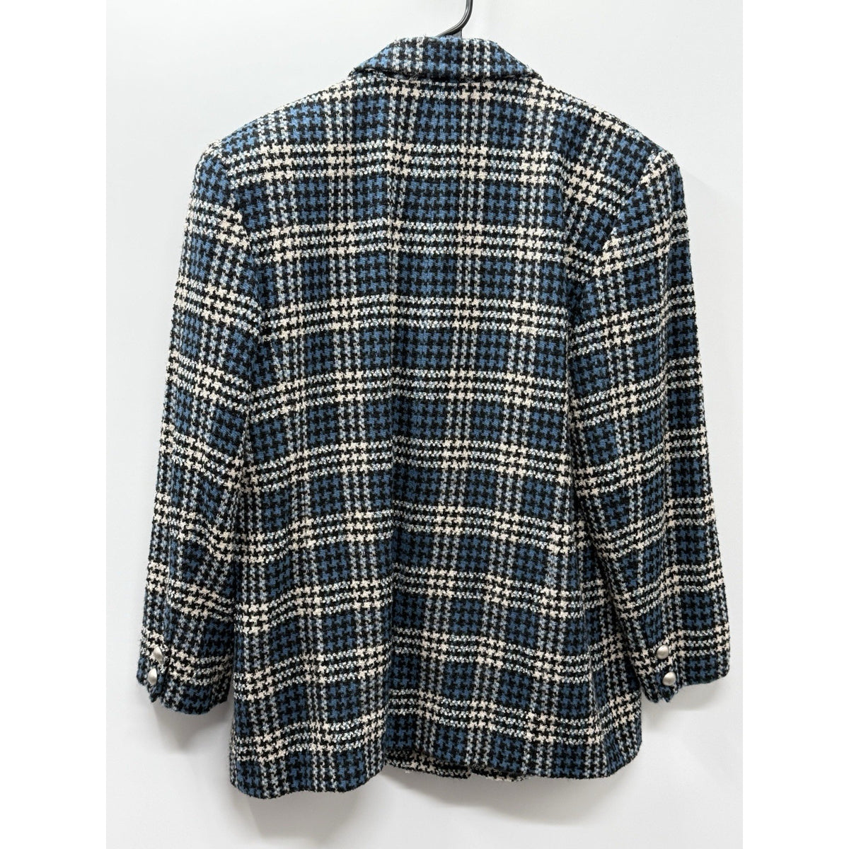 Elisabeth Liz Claiborne Womens 14 Wool Blend Plaid Blazer Metallic Blue Black