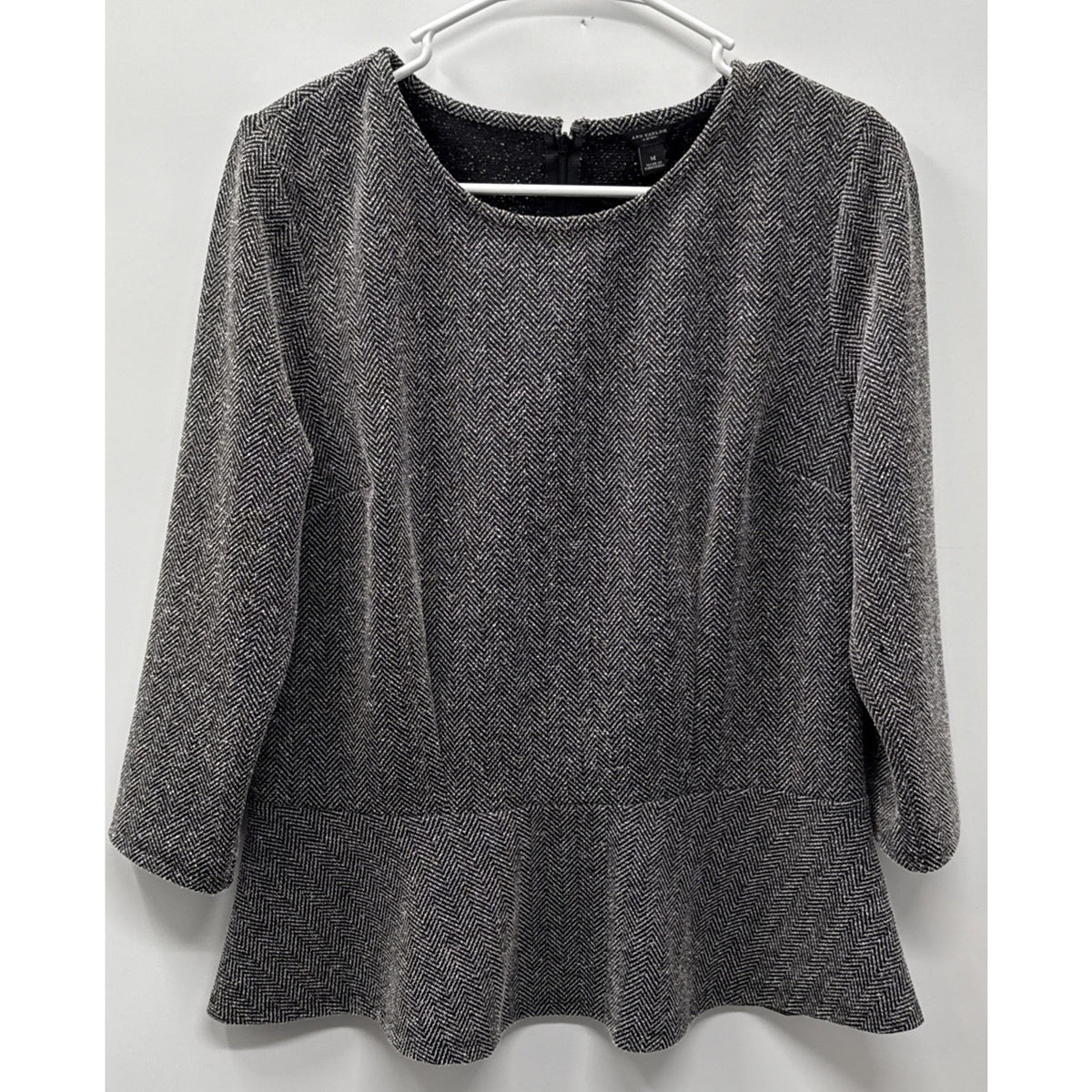 Ann Taylor Peplum Top Womens M Gray Tweed 3/4 Sleeve Crew Neck Casual Back Zip