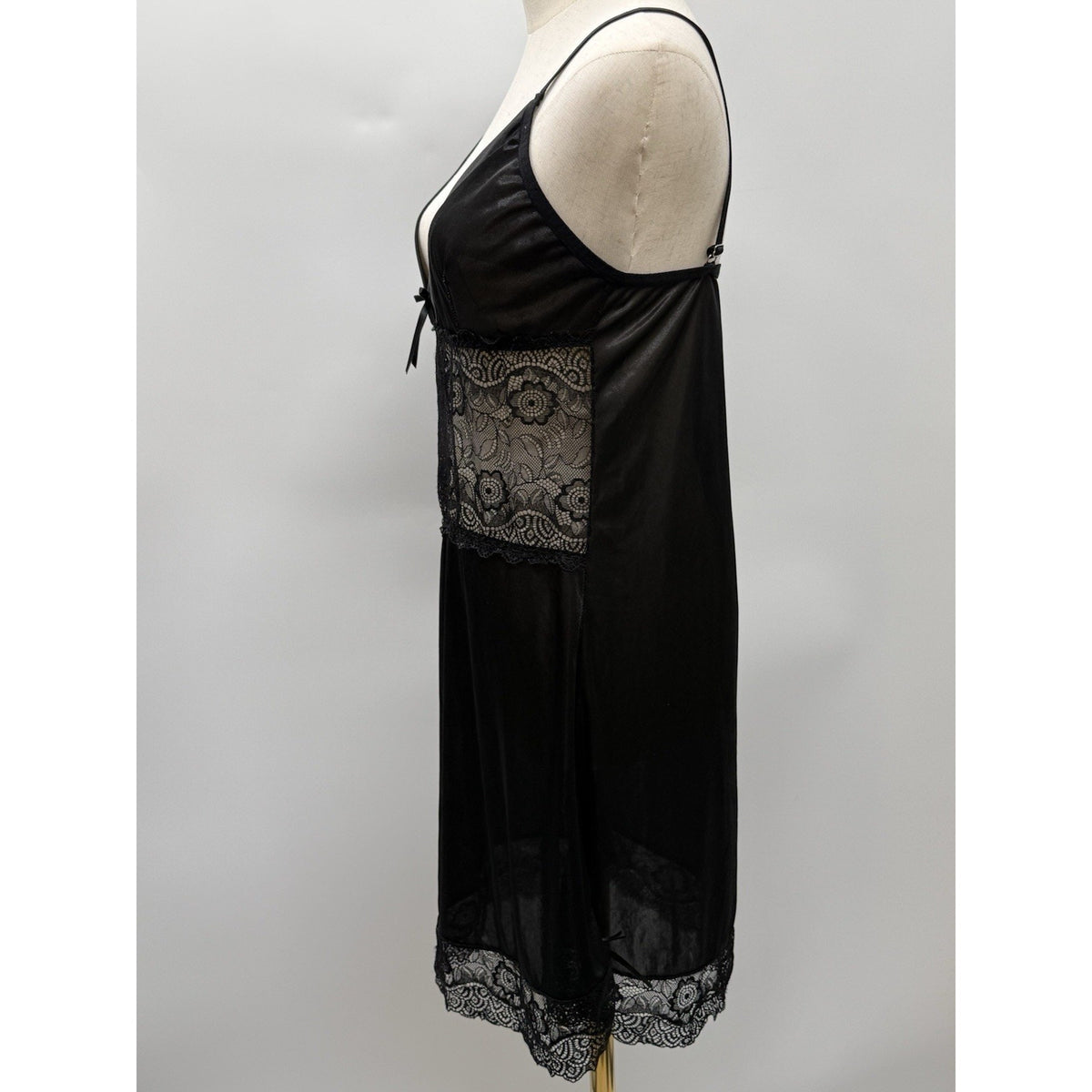 Tracy Black Satin Lace Slip Dress Adjustable Straps Romantic Lingerie Goth Sz L