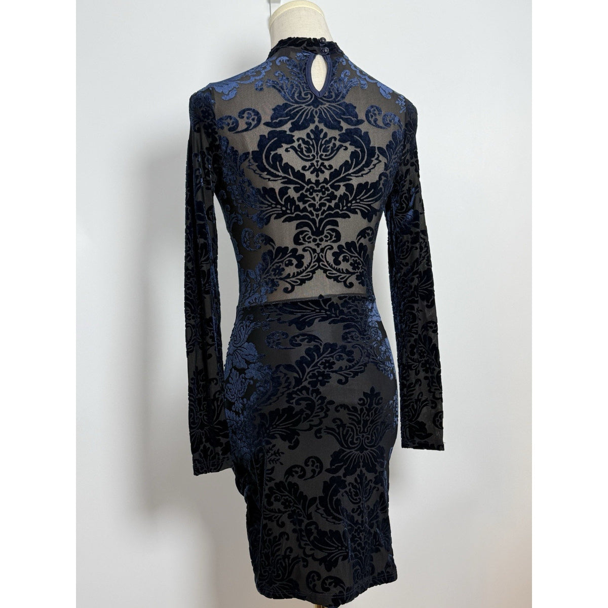 Windsor XS Navy/Black Burnout Velvet Damask Bodycon Mini Mock Neck long sleeve
