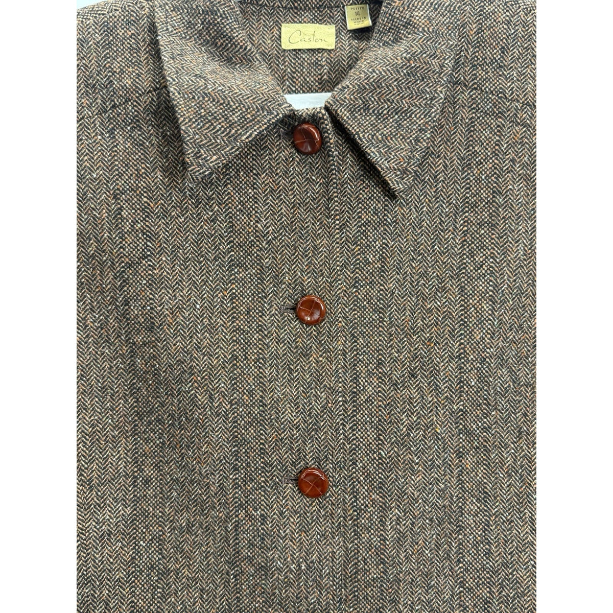 Caston Vintage Herringbone Wool Blend Blazer Jacket Petite 14 Brown Academia