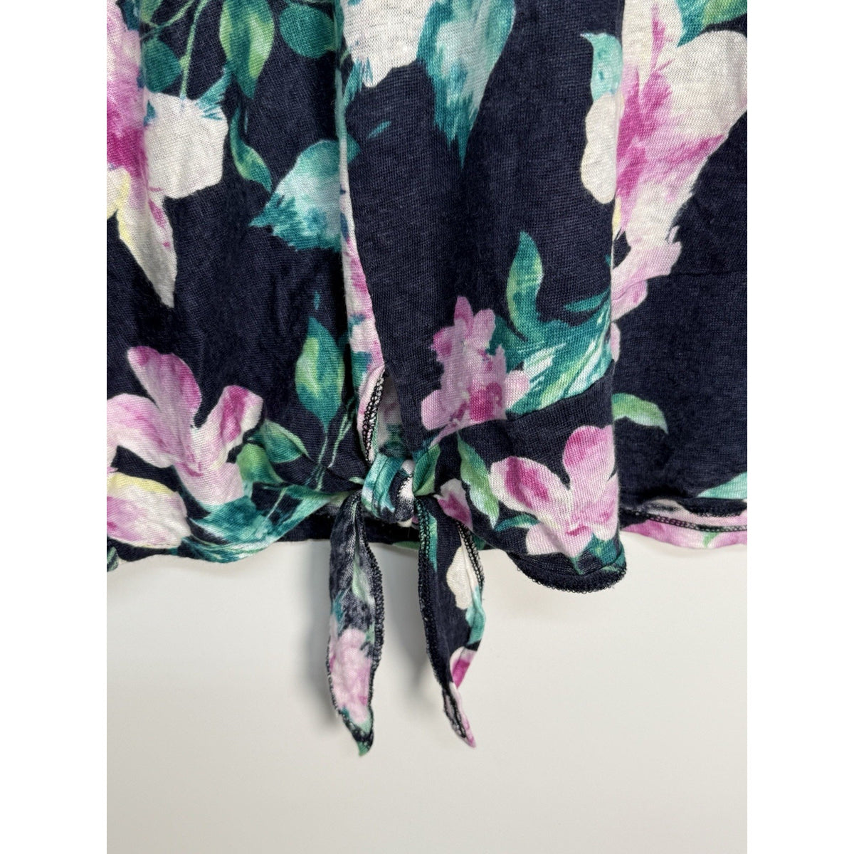 J Jill 100% Linen Floral Tie Front Top Love Linen Navy Pink Green M
