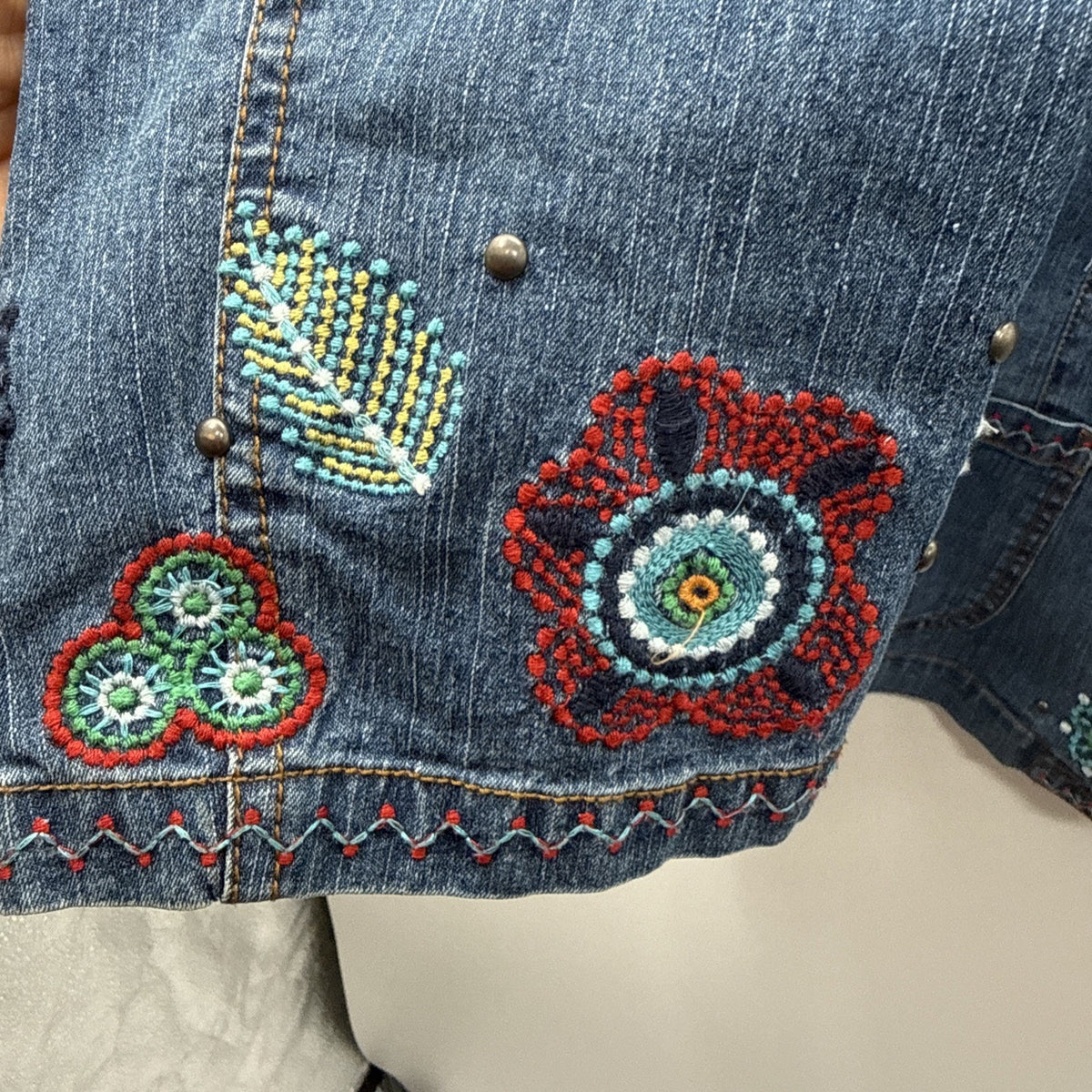 Ruby Rd Embroidered Denim Jacket Boho Western Southwestern Artsy Festival No Tag