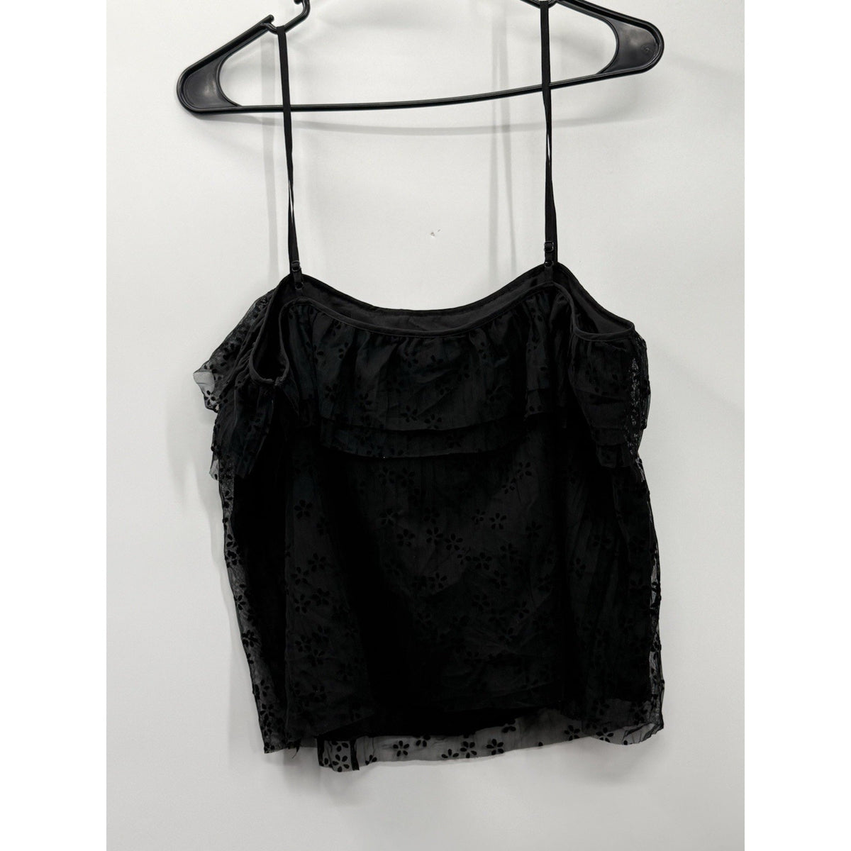J Crew Black Sheer Ruffle Camisole Top Floral Mesh Size L