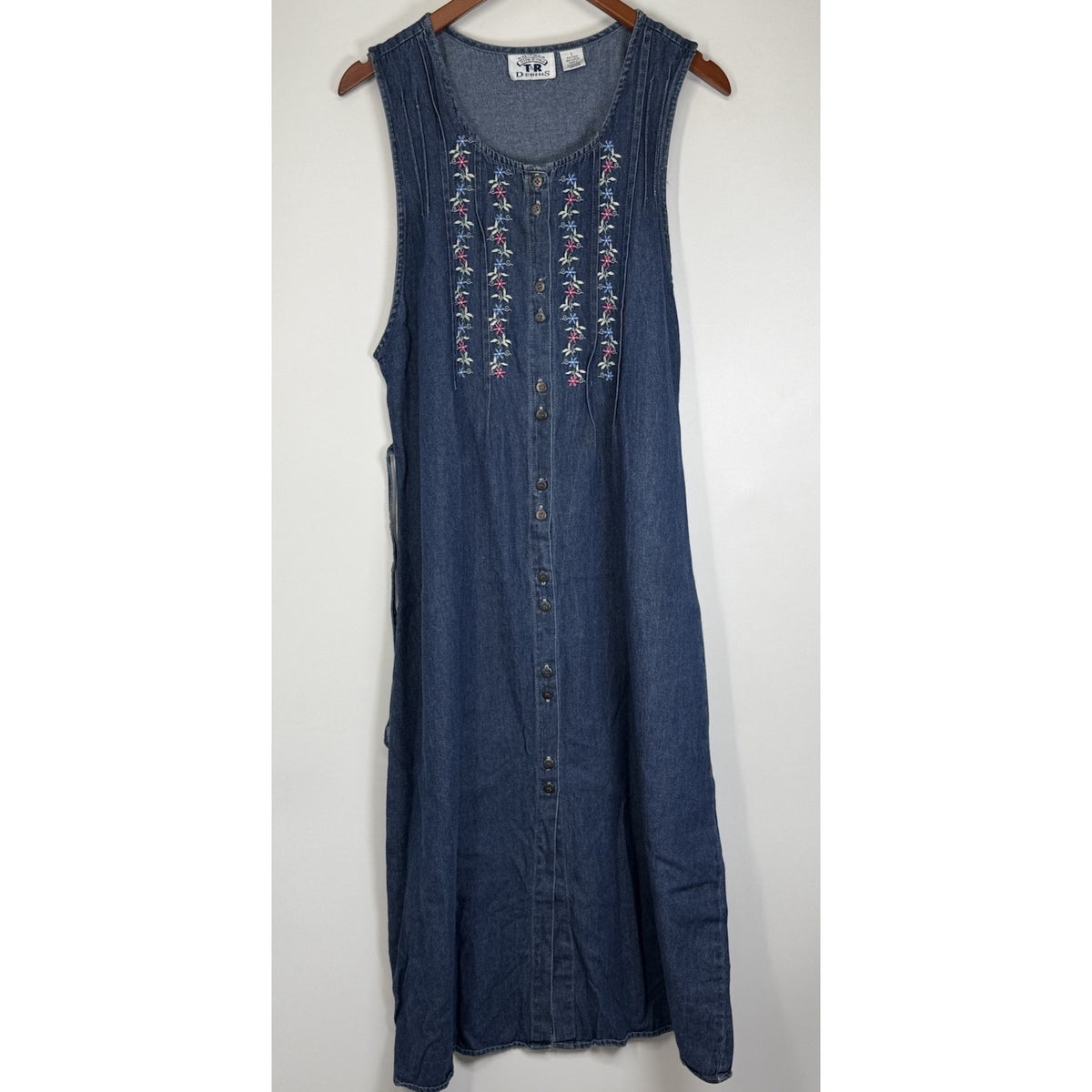 T&R Denims Embroidered Denim Sleeveless Midi Dress Womens L Button Front Vintage