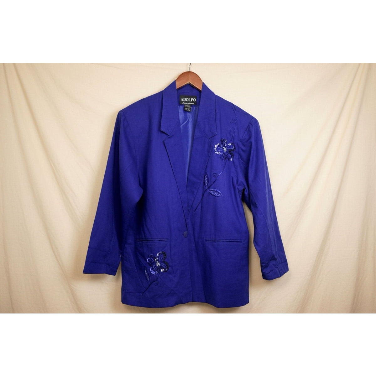 Vintage Adolfo Int’l Linen Blend Blazer L Purple Embroidered Floral Beaded