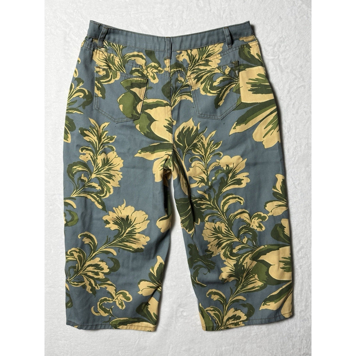 Women’s XL Floral Capri Pants Blue Green Yellow Lightweight Cropped Casual