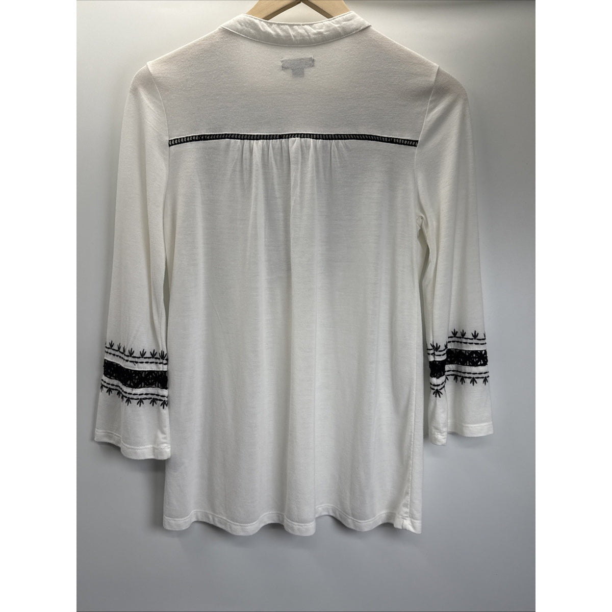 Izod Womens White Black Embroidered Peasant Blouse Tassel Tie Top Medium