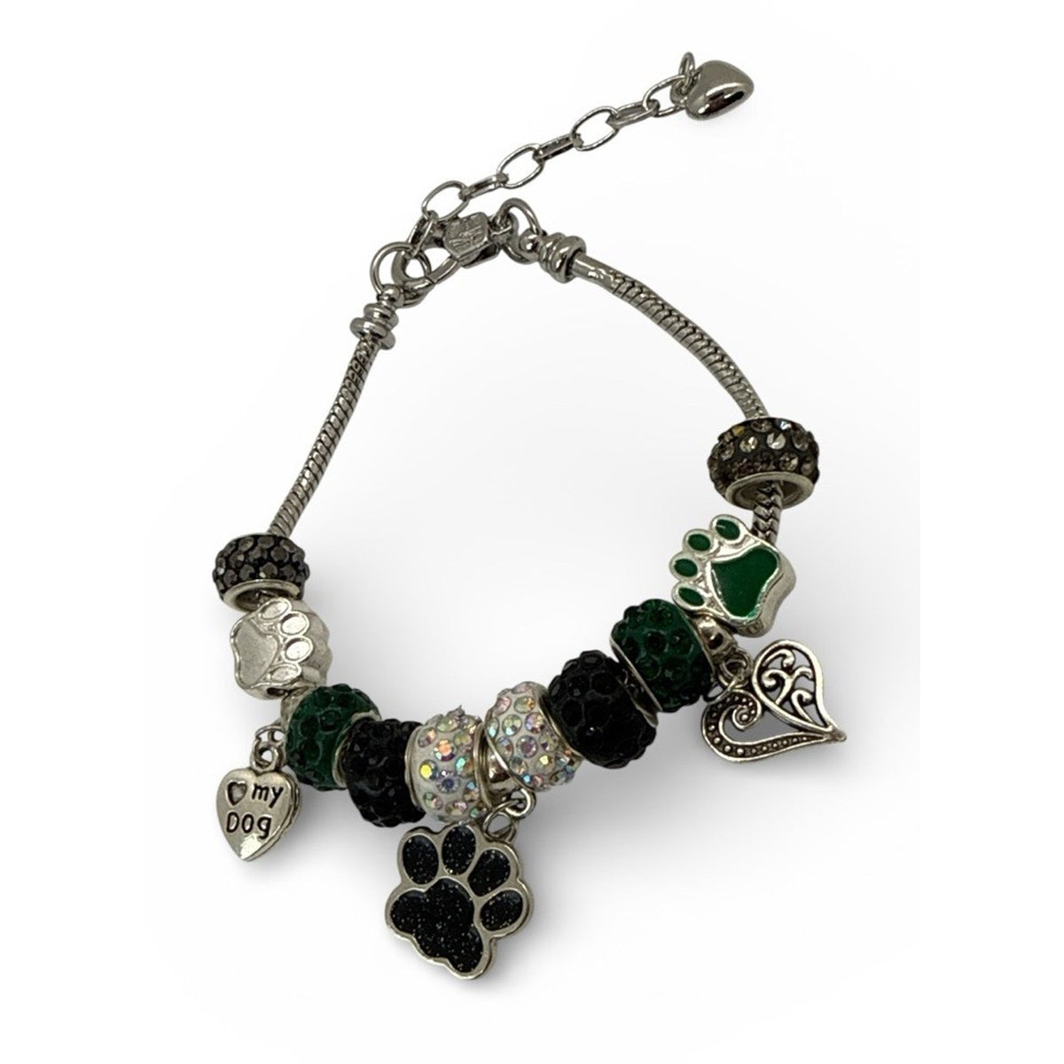 Handmade Dog Lover Charm Bracelet Paw Print Green Black Crystal Beaded
