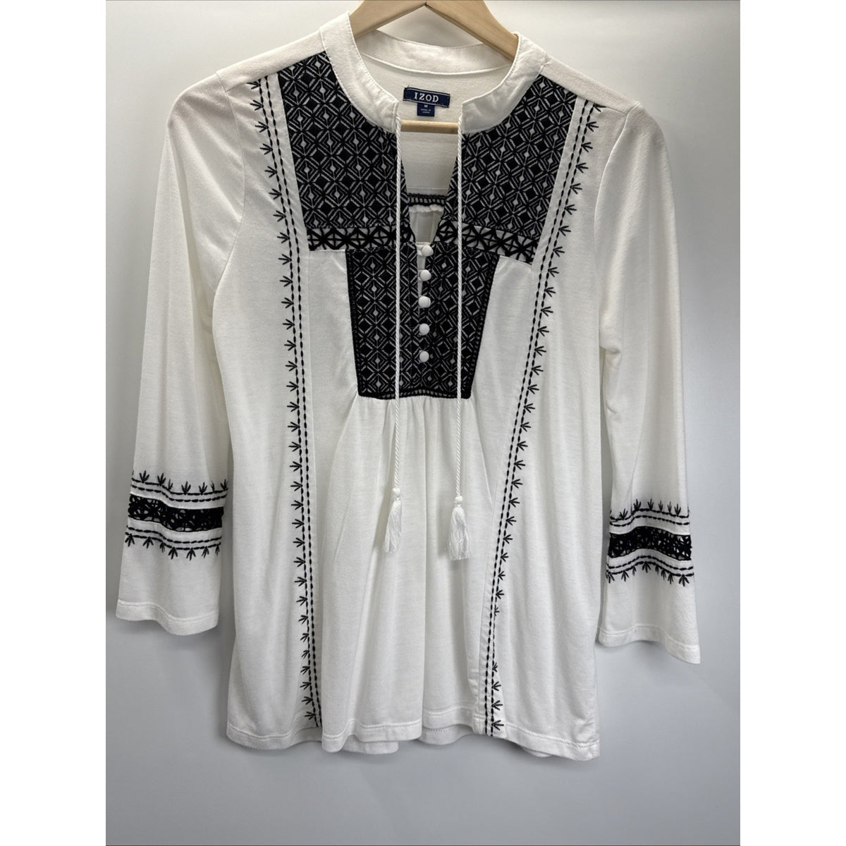 Izod Womens White Black Embroidered Peasant Blouse Tassel Tie Top Medium