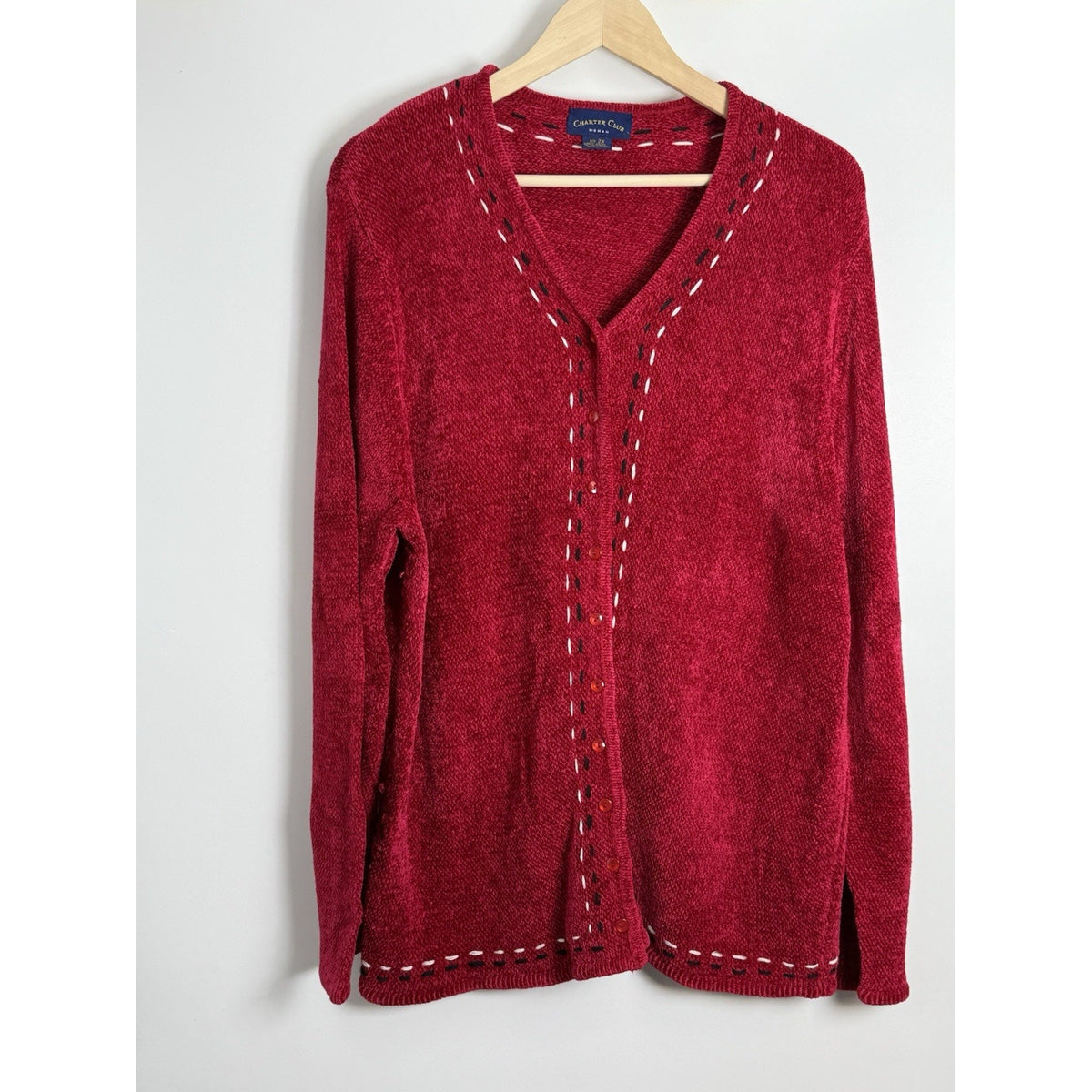 Charter Club Woman 2X Red Knit Cardigan Button Front Stitch Detail Long Sleeve