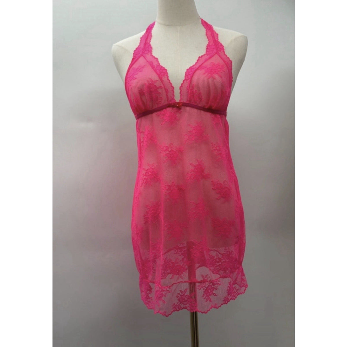 Victoria’s Secret Lingerie Large Hot Pink Lace Sheer Halter Babydoll Chemise