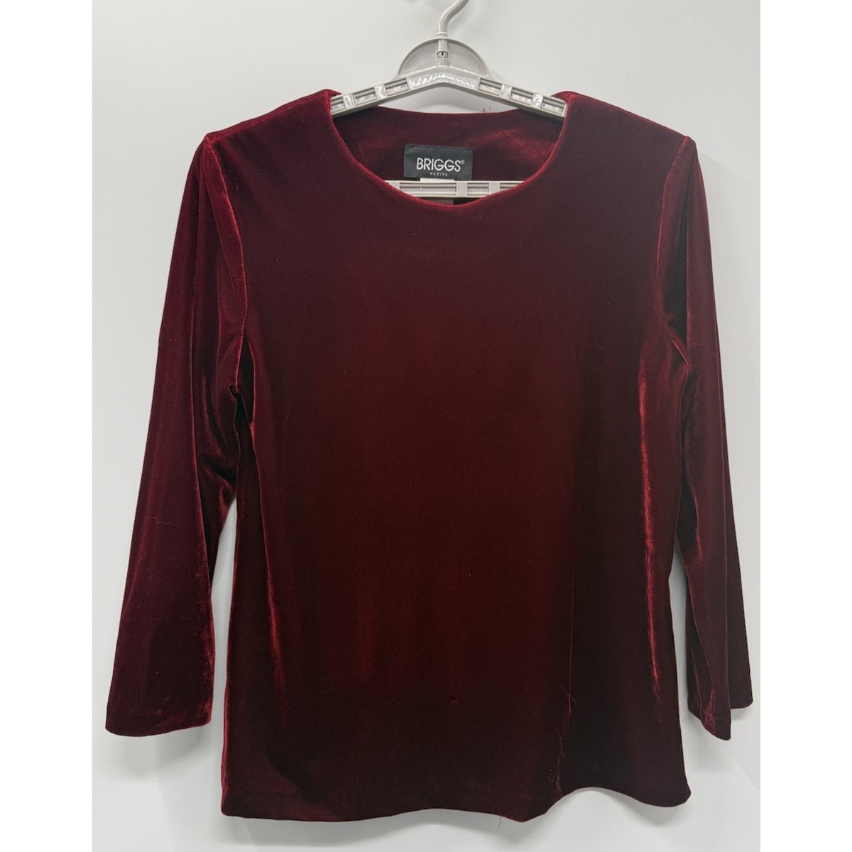 Briggs Petite M Burgundy Velvet Top Medium Long Sleeve Stretch Holiday Velour
