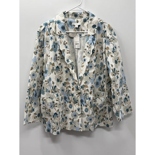 Floral Blue and Cream Women's Jacket size 18/20W on button lettuce edge cut NWT