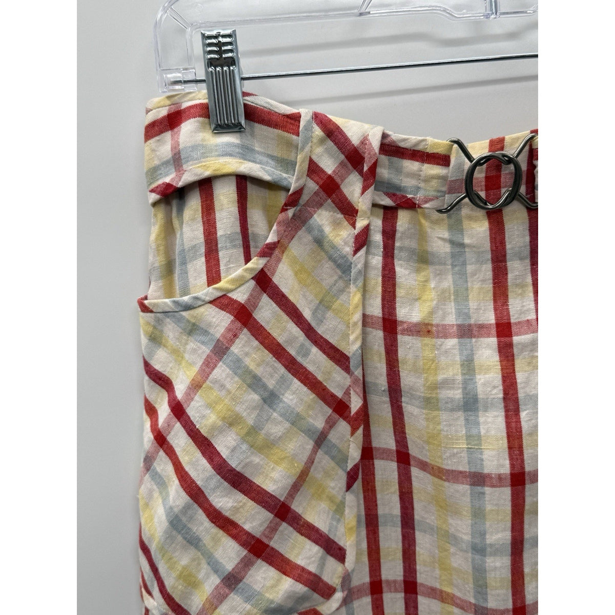 DKNY NWT 100% Linen Plaid Skirt Size 6 Vegas Red Ring Detail Pockets $198 MSRP