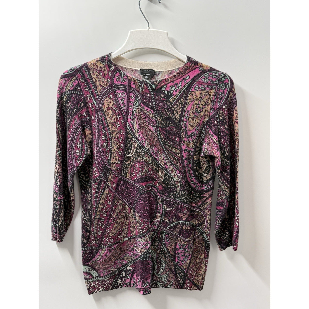Talbots Petite 100% Cashmere Knit Paisley Crew Neck 3/4 Sleeve Pullover