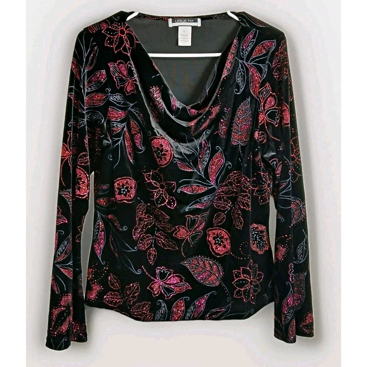 Leslie Fay Womens L Black Red Floral Velvet Glitter Cowl Neck Long Sleeve Top