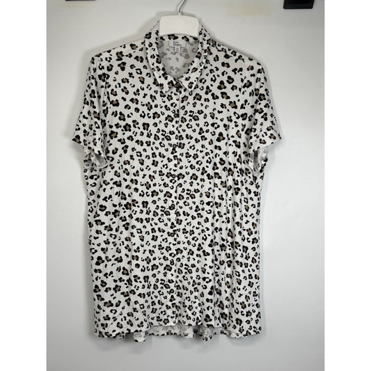 Kim Rogers XXL Leopard Print Button Front Short Sleeve Top Stretch