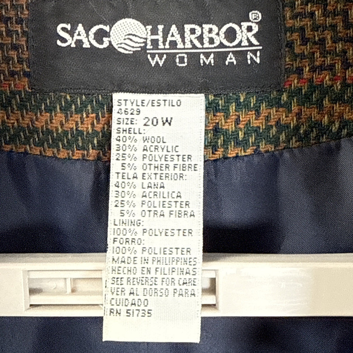 Sag Harbor Woman 20W Wool Blend Plaid Blazer Vintage Brown Green Tweed Jacket