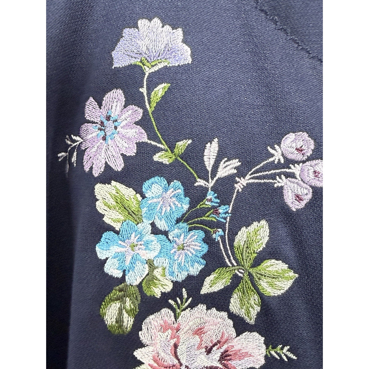 BonWorth Womens Petite XL Navy Knit Floral Embroidered Button Front SS Top
