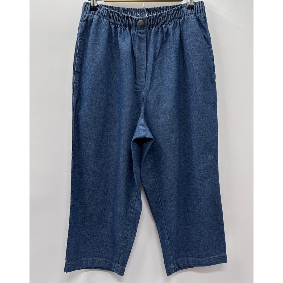 Woman Within Crop Pants Blue Jean Denim Elastic Waist Size 14W Pocket Comfort