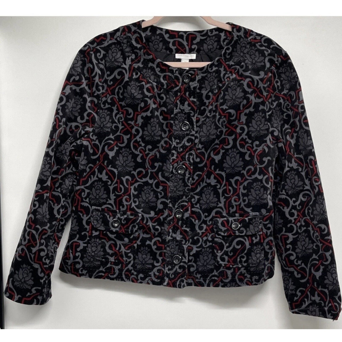 CHARTER CLUB WOMENS BLACK GREY RED STRETCH COTTON CORDUROY JACKET SIZE L