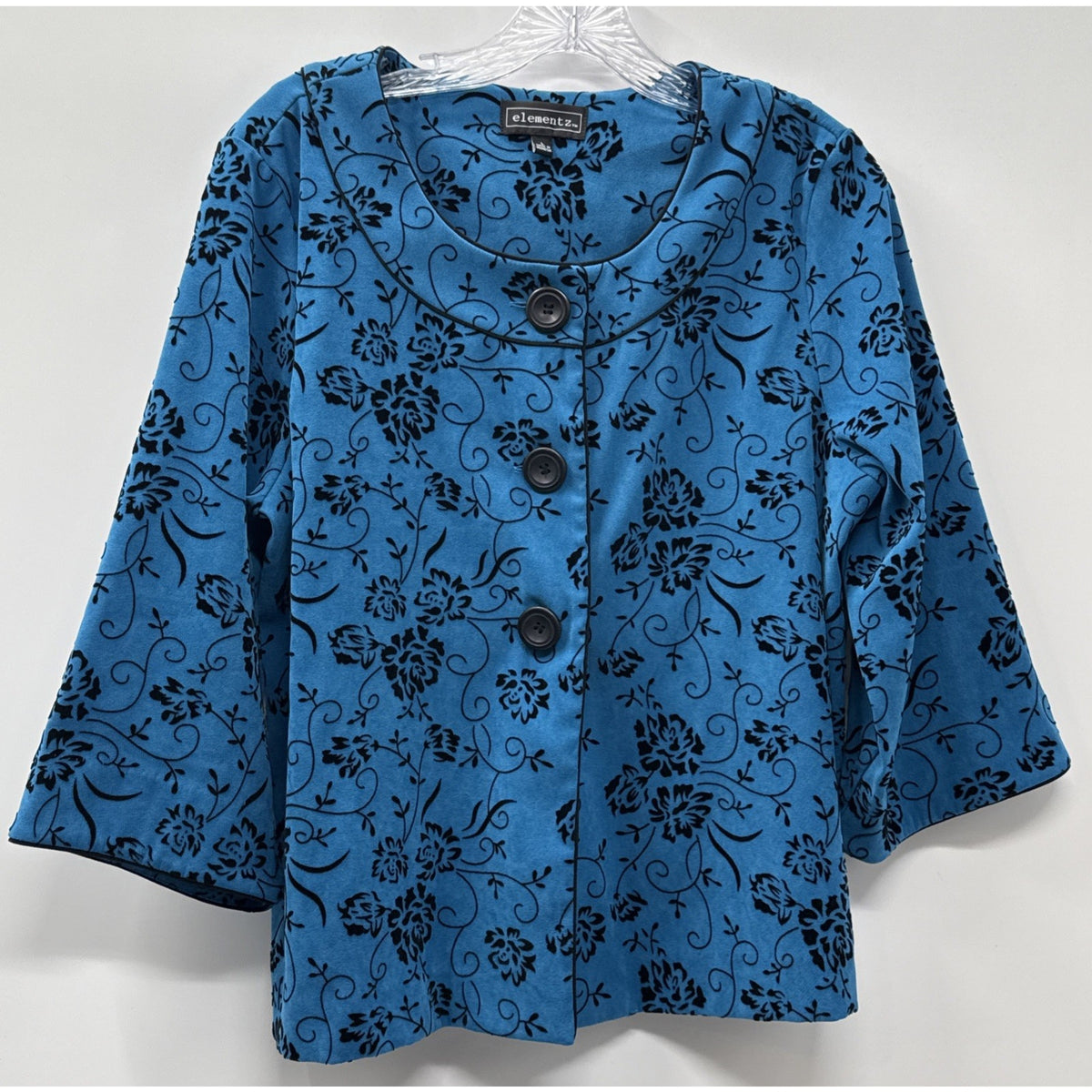 Elementz Women's Velvet Button Down Blazer Jacket LARGE Blue/Black