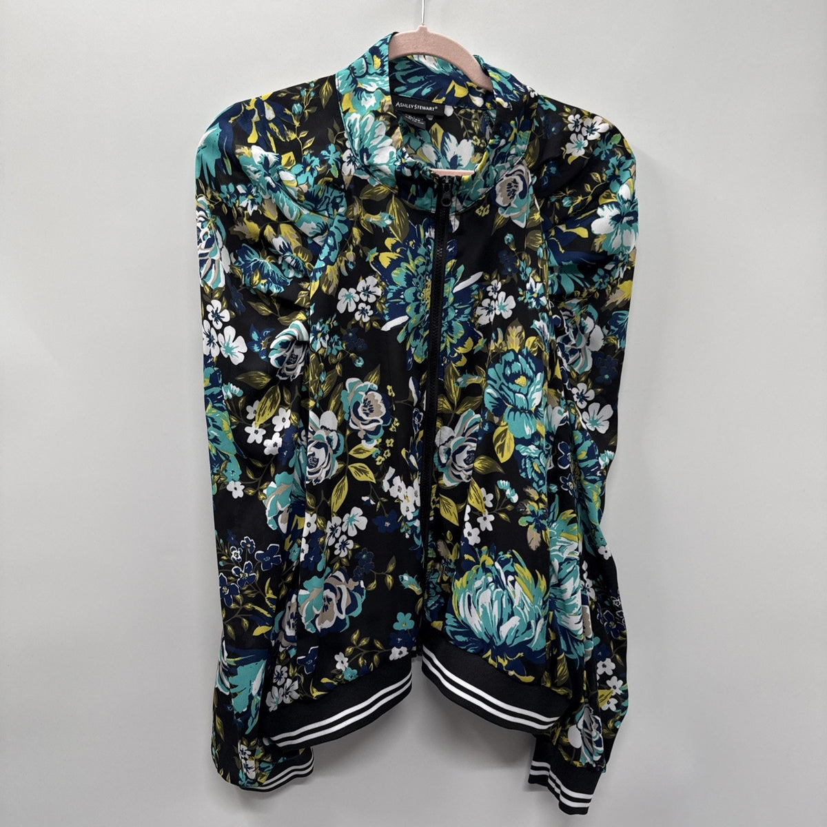 Ashley Stewart Plus Size 22/24 Floral Zip Front Bomber Jacket Mock Neck