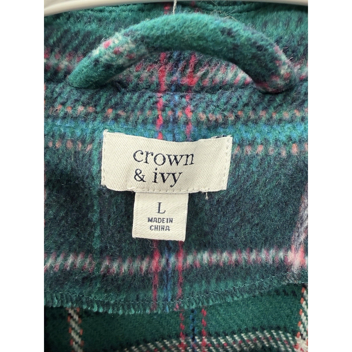 Crown & Ivy Plaid Jacket Womens Large Green Wool Blend Button Front Heavyweight
