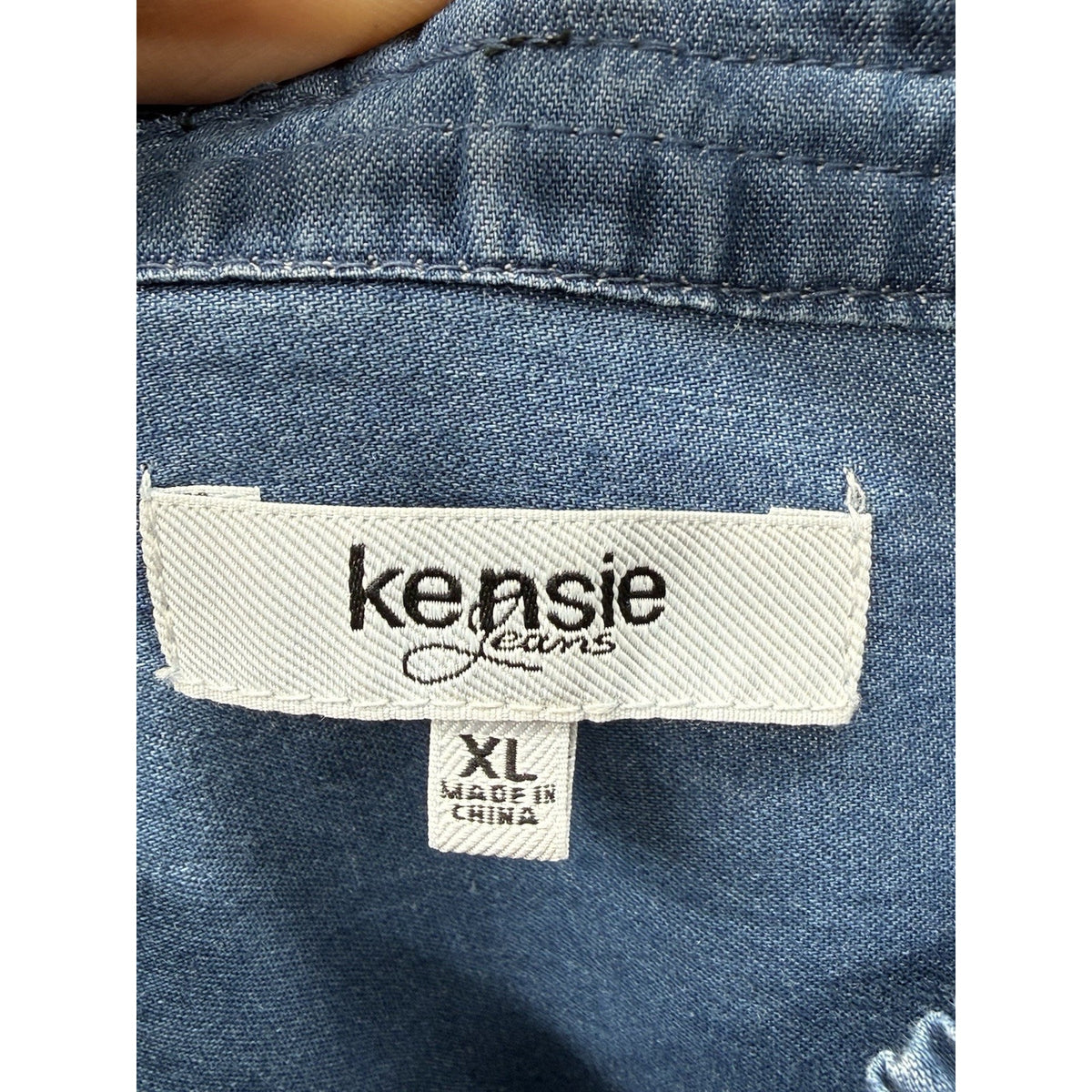 Kensie Jeans XL Chambray Button-Up Blouse Blue Ruffle Tie Neck Lyocell Top