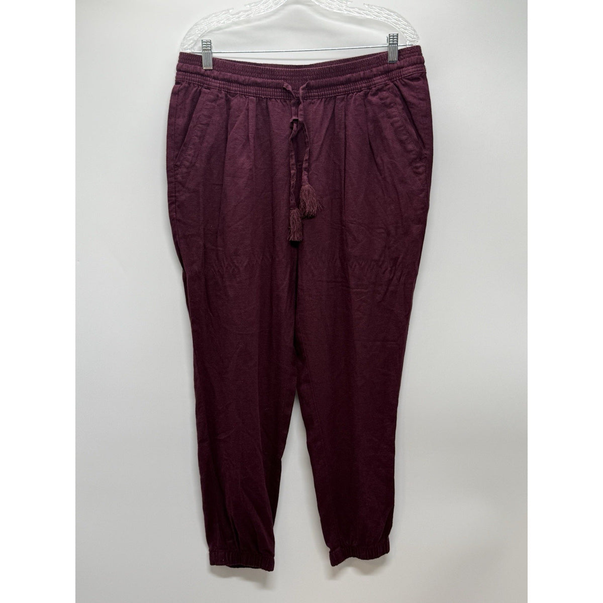 Time & Tru Linen Blend Pants Women L 12-14 Burgundy Pull On Elastic Waist Casual