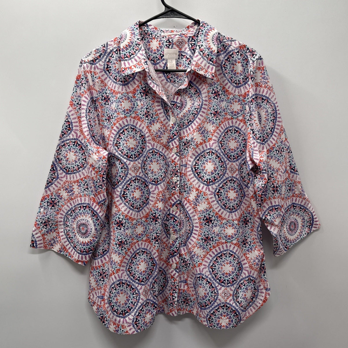 Chicos 3 Womens Geometric Colorful Button Up 3/4 Sleeve Blouse Sz XL
