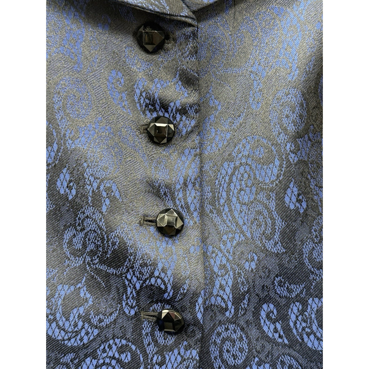 Tahari Cropped Jacquard Blazer Blue Black Beaded Collar Evening Size 2
