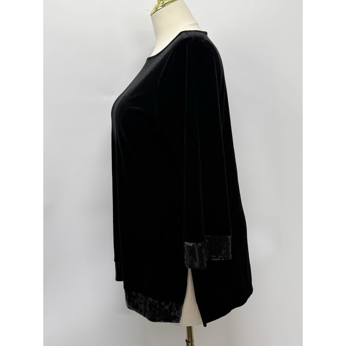 Susan Graver Womens L Black Velvet Tunic Blouse Sequin Trim 3/4 Sleeve