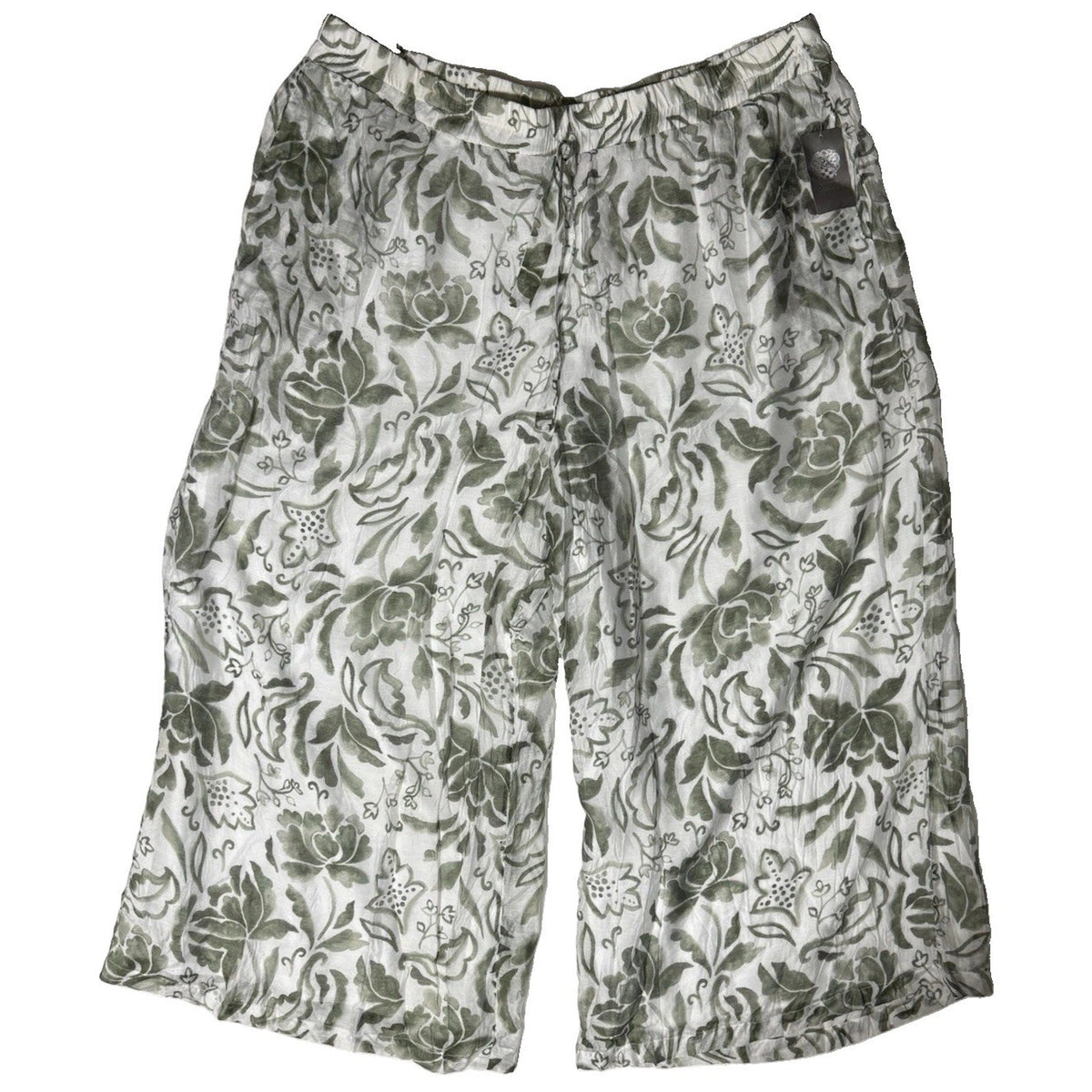 Vince Camuto Women’s Plus 3X Green White Floral Cropped Drawstring Pants Pockets
