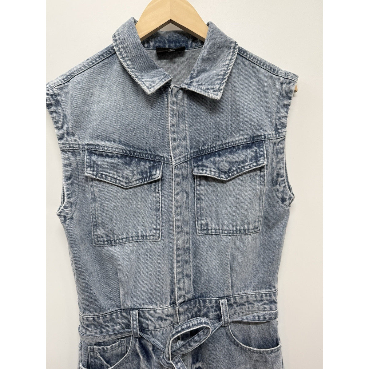 VICI Blue Denim Jumpsuit Womens S Sleeveless Collared Wide Leg Belted Pockets