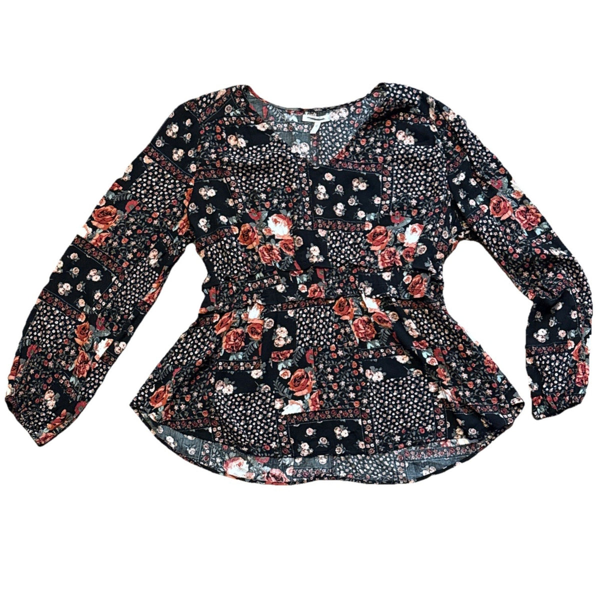 Maurices Blouse Womens L Black Floral Long Sleeve Lightweight V-Neck Pullover