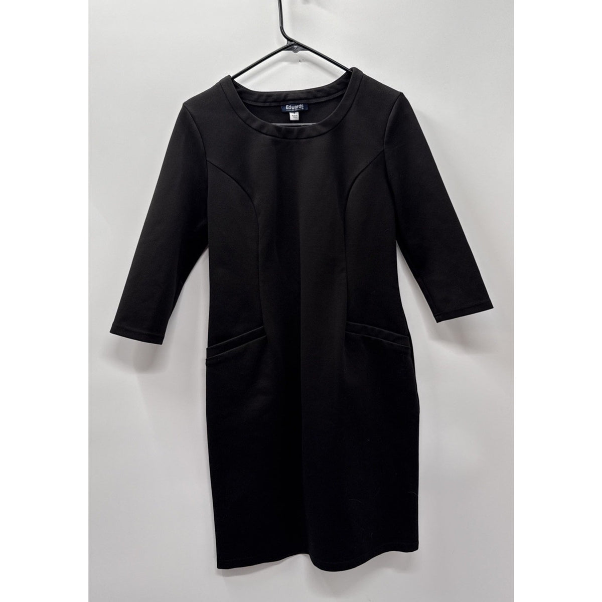 Edwards Black Sheath Dress Size 8 Career Office Stretch 3/4 Sleeve Pockets