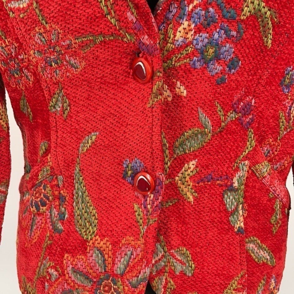 Parsley & Sage Boho Artsy Floral Jacket Red Woven Texture Button Front SZ Small