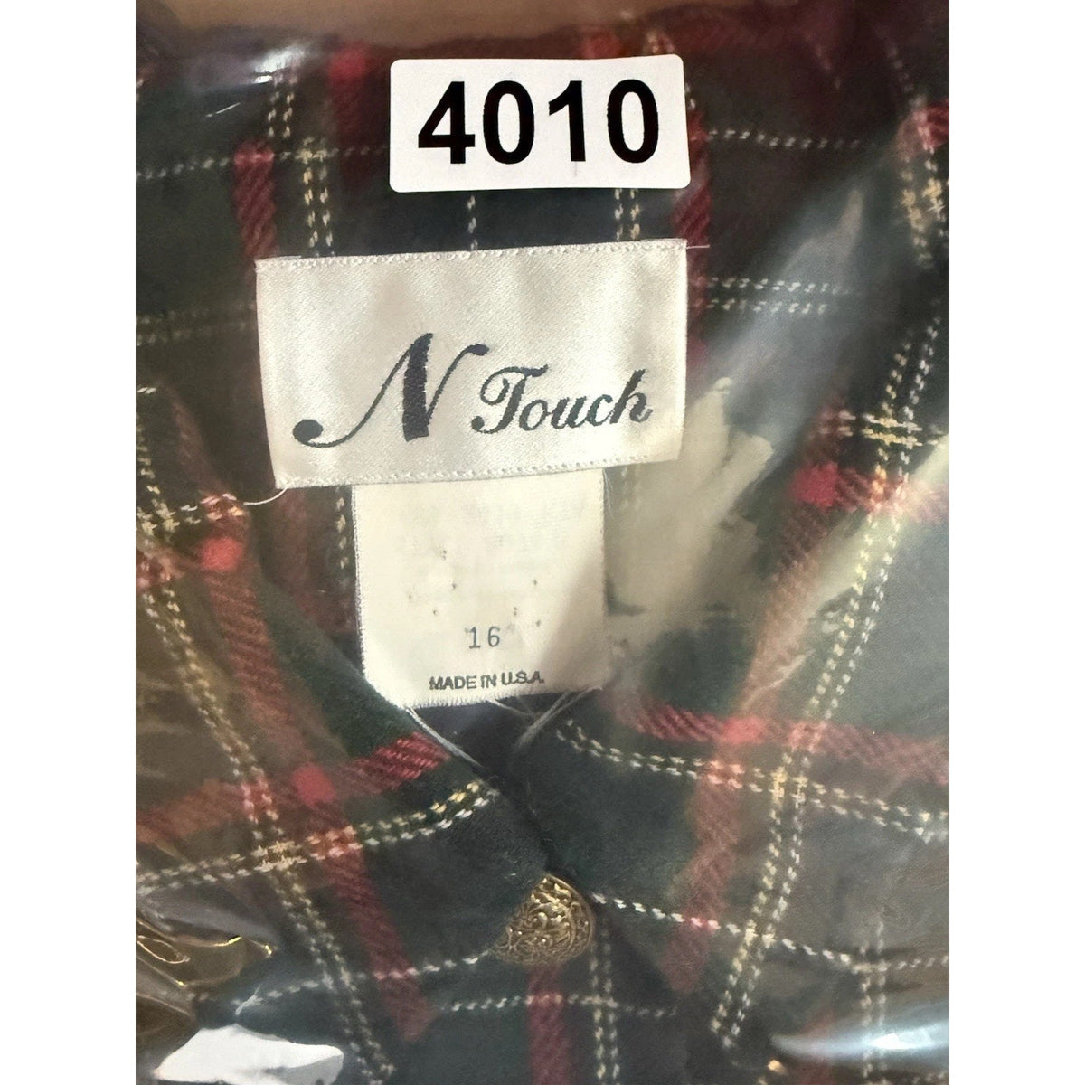 Vintage N Touch Blazer Womens 16 Green Tartan Plaid Wool Gold Button USA
