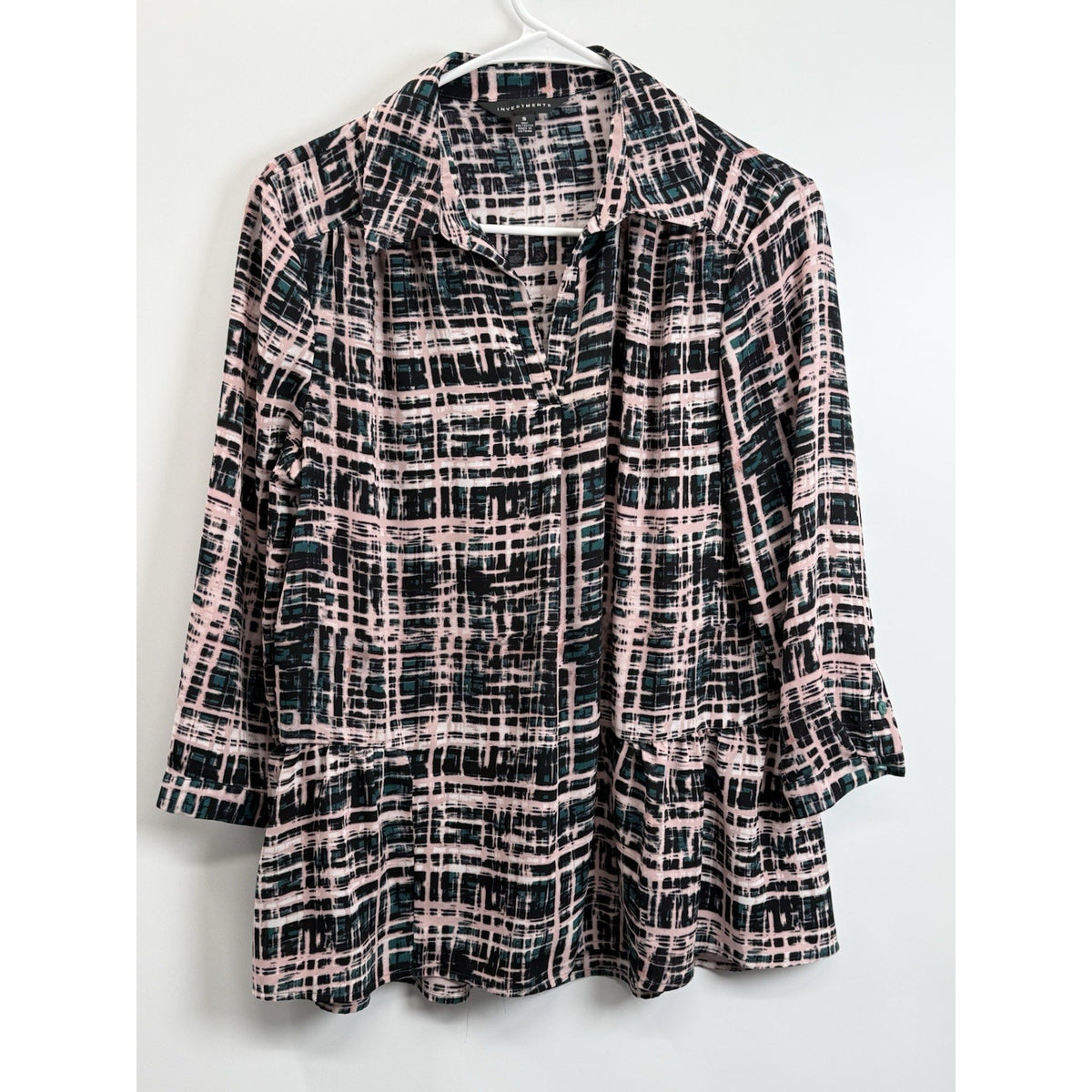 Investments Womens Small Abstract Print Peplum Tunic Blouse 3/4 Sleeve