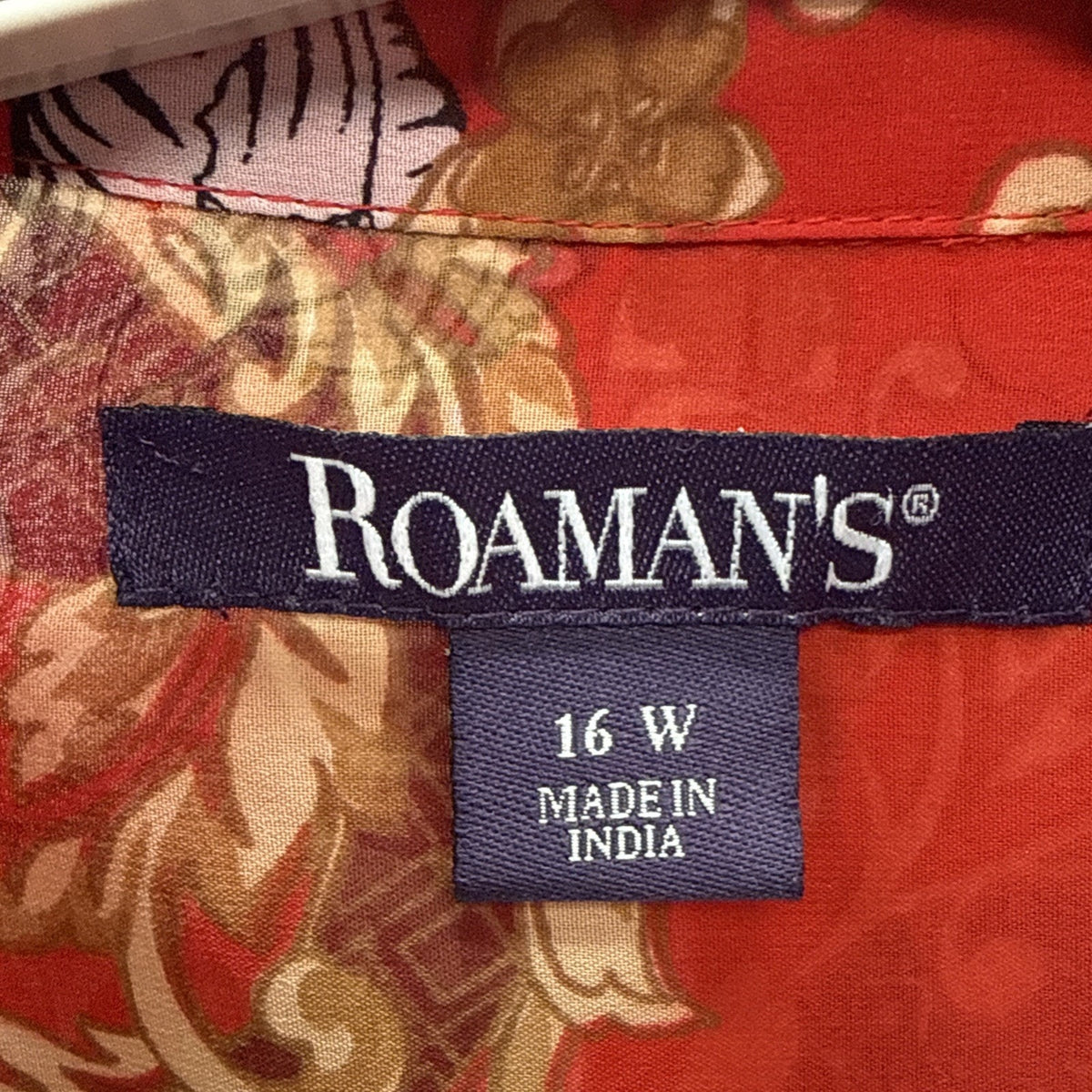 Roaman’s 16W Red Floral Boho Button Front Tunic Blouse Sheer Long Sleeve