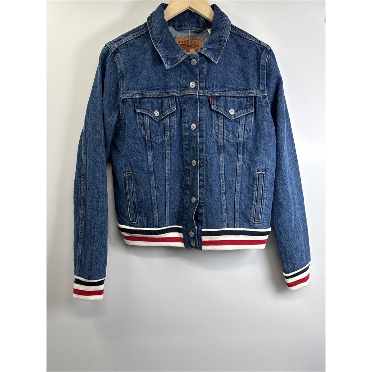 Levi’s Denim Trucker Jacket Womens XL NWT Stripe Rib Trim Americana Classic