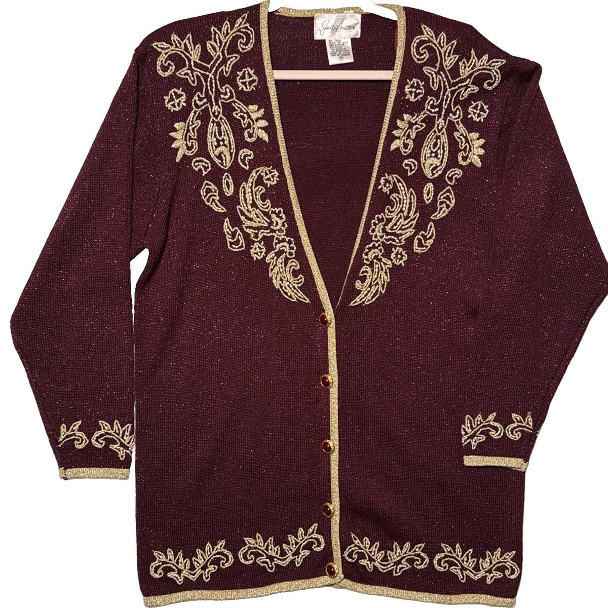 Vintage Jaclyn Smith Cardigan M Burgundy Gold Beaded Metallic Embroidered