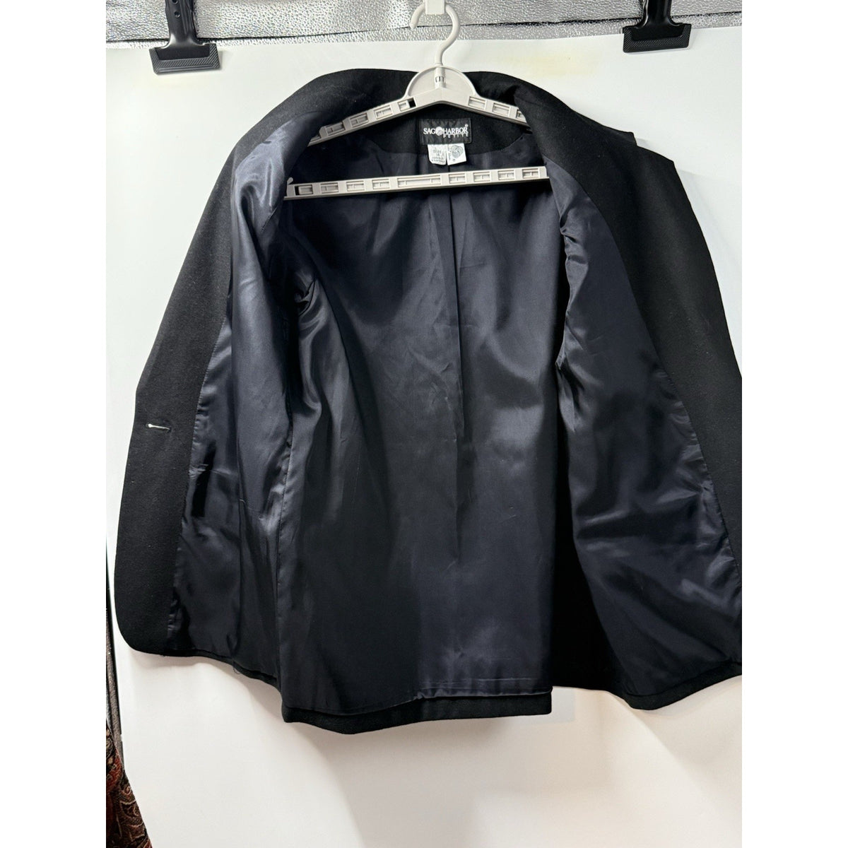 Sag Harbor Petite Blazer Womens 14 Black Wool Blend Gold Crest Button Classic