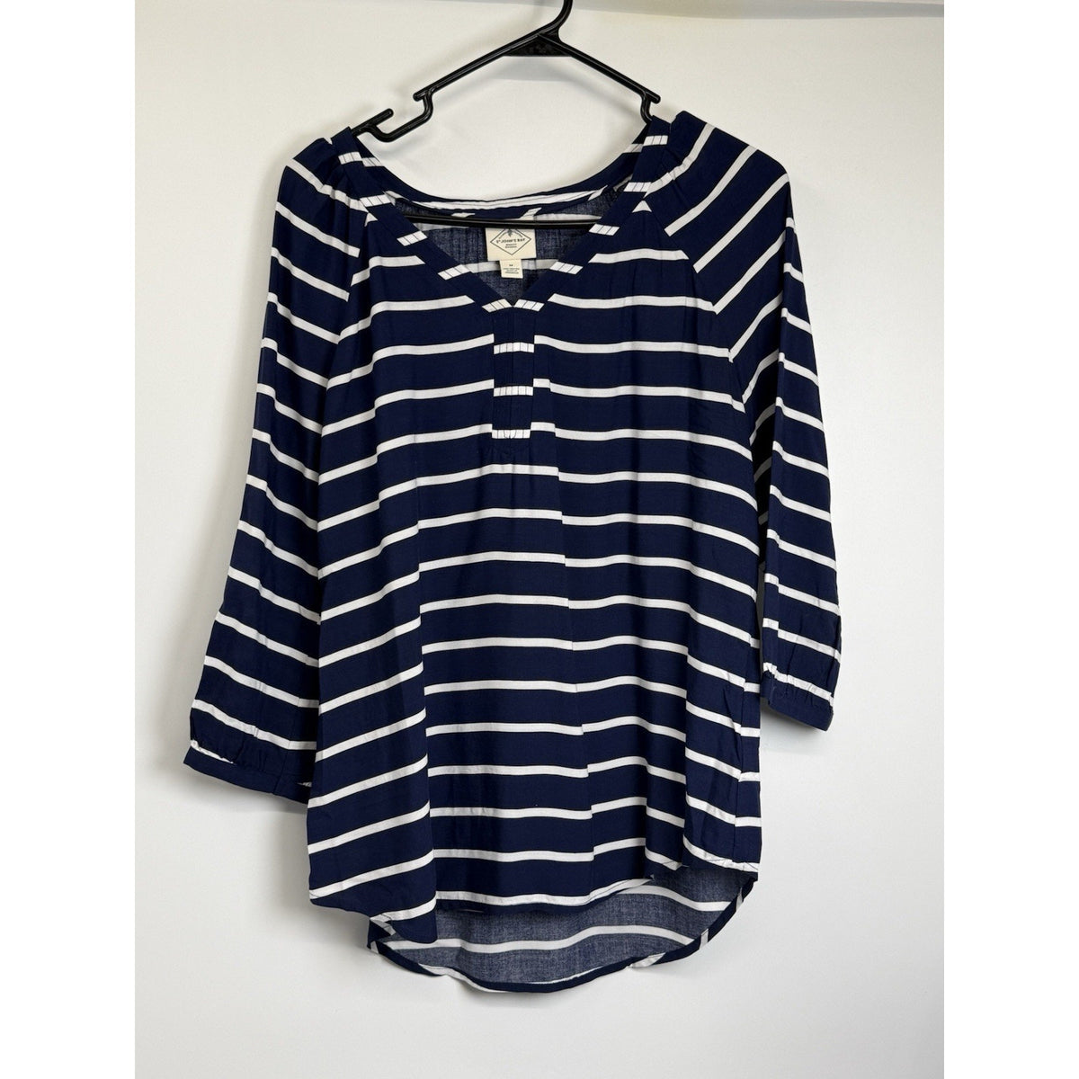 St John’s Bay Medium Blue White Striped Rayon Peasant Blouse Coastal Cottage