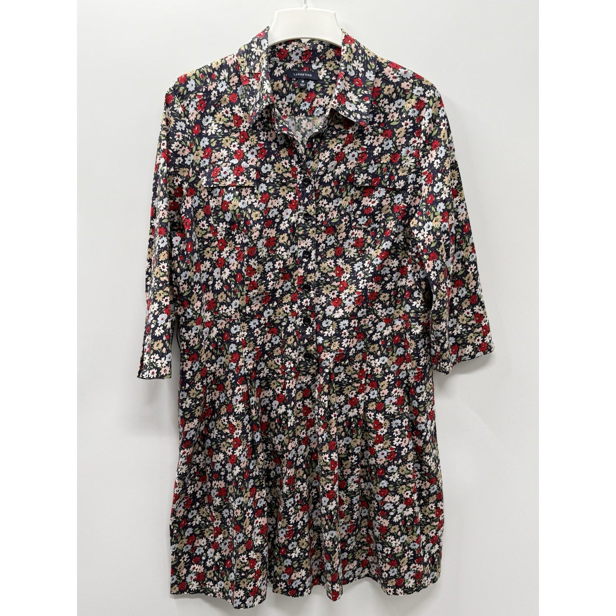 Lands’ End Womens 18 Floral Shirt Dress Midi Pullover Cotton Blend 3/4 Sleeve