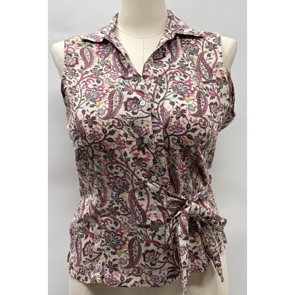Harold’s Women’s L 100% Linen Blouse Pink Paisley Floral Tie Waist Sleeveless
