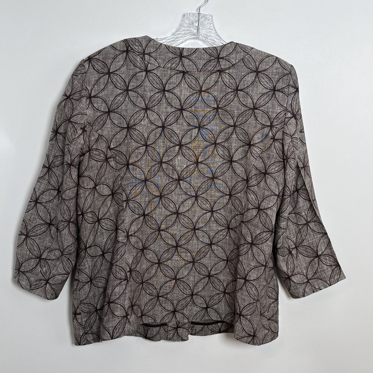 JM Collection Sz 16 Brown Geometric 100% Linen 3/4 Sleeve 4 button Jacket